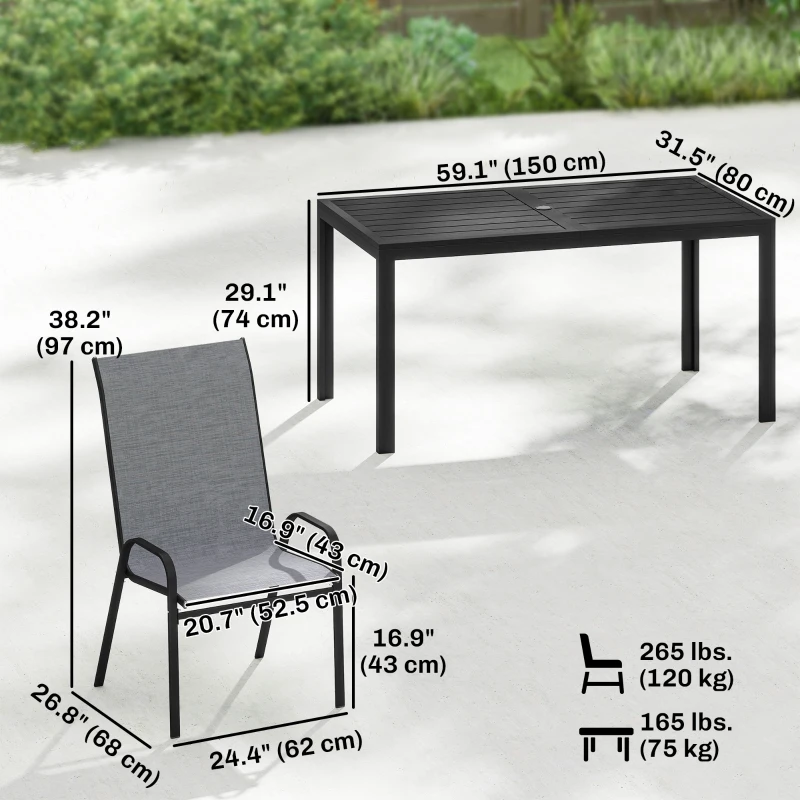 Outsunny Outdoor Dining Set for 6, Faux Wood Metal Patio Table and Mesh Stackable Chairs with Umbrella Hole, Mixed Grey