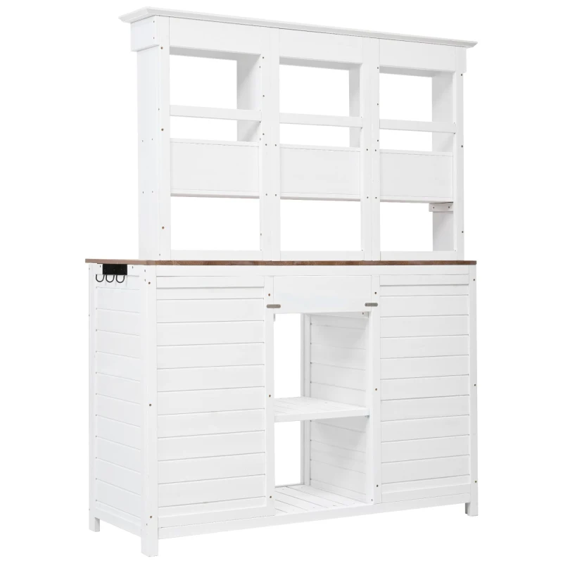 Garden Potting Bench with Hutch, 6 Drawer & 2 Cabinet, Tall Wood Workstation with 3 Shelf & Side Hooks, 50'' L x 20.5'' W x 65.5'' H, White