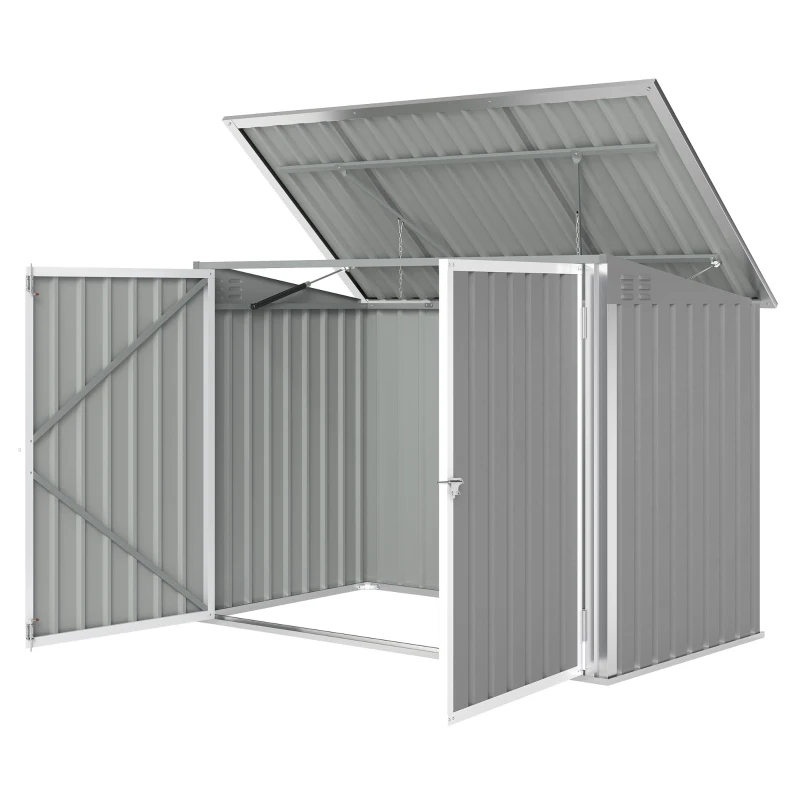 Outsunny Outdoor Metal Storage Shed Garden Garbage Can Organizer with Double Door and Vents for 2 Trash Cans, Light Grey