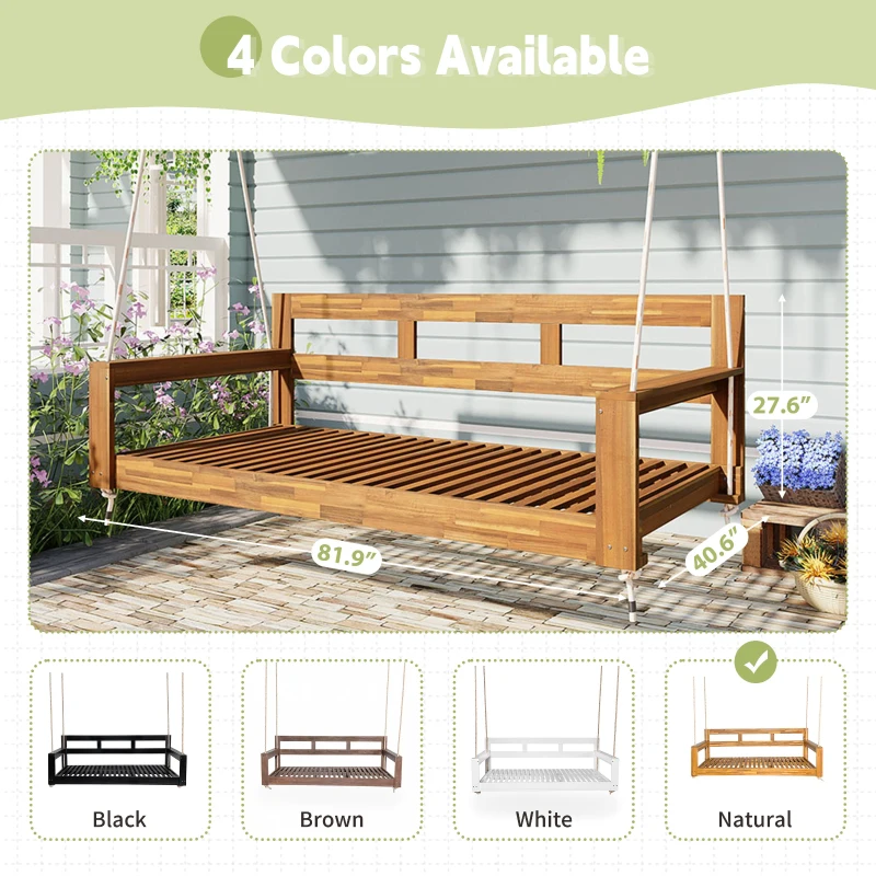 Twin Size Porch Swing Daybed with Acacia Wood Frame, Farmhouse Hanging Daybed for Patio & Garden, 82'' L x 40.5'' W x 27.5'' H, Natural