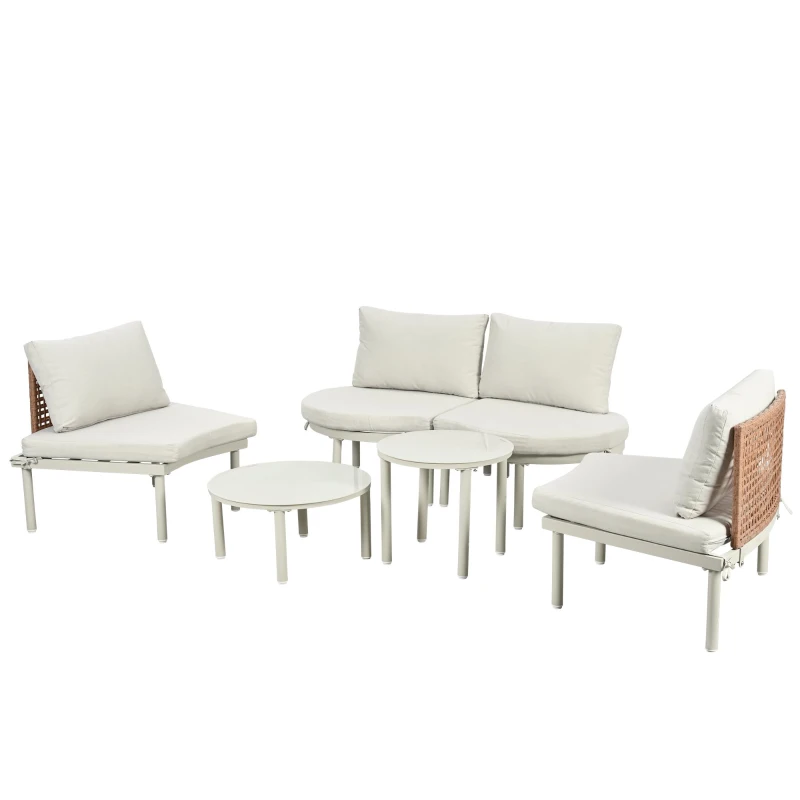 6-Piece Half Moon Patio Set with 2 Nesting Table for Backyard, Modular Wicker Sectional Sofa with Cushion, 34.5'' L x 25.5'' W x 12.5'' H, Beige