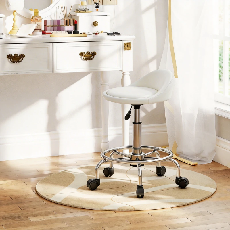 HOMCOM PU Leather Rolling Stool, Height Adjustable Swivel Salon Chair with Backrest and Foot Rest for Spa, Tattoo, White