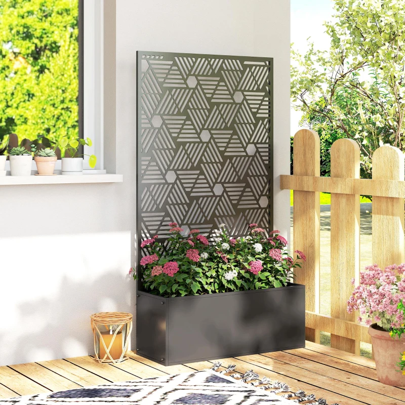 Outsunny Metal Planter Box with Trellis, 44.5" Tall Raised Garden Bed with Privacy Screen, Hexagon and Line Cut-Out