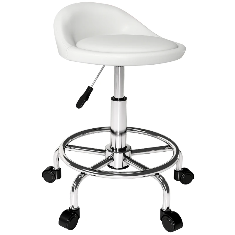 HOMCOM PU Leather Rolling Stool, Height Adjustable Swivel Salon Chair with Backrest and Foot Rest for Spa, Tattoo, White