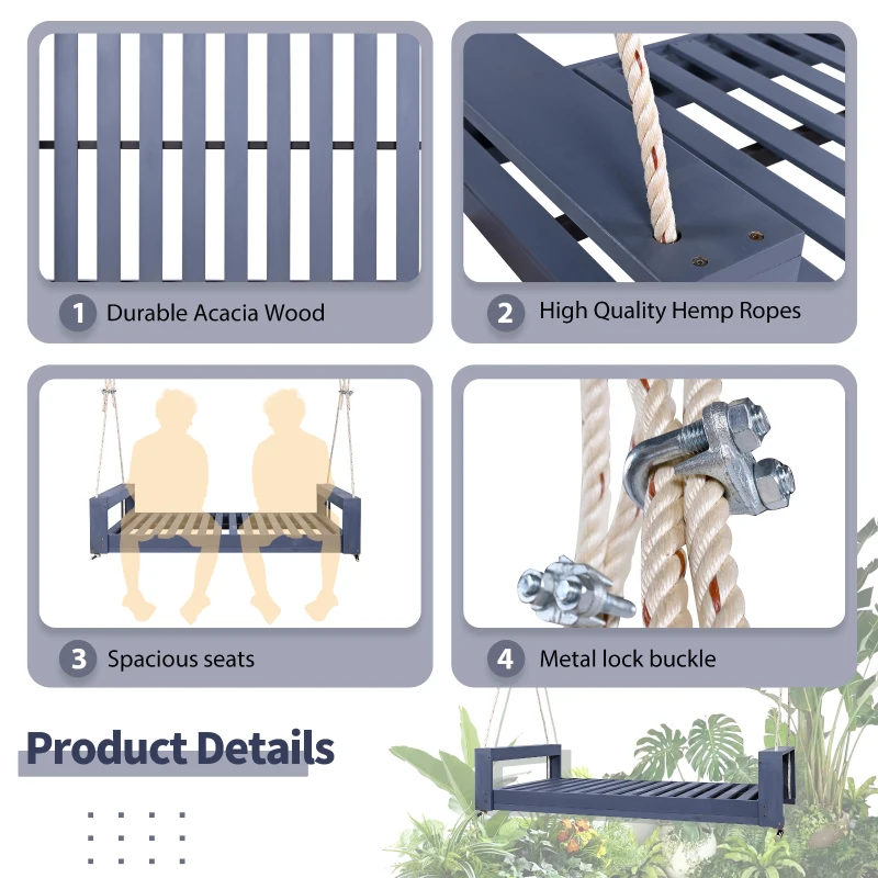 Twin Size Outdoor Porch Swing Bed with 400 LBS Capacity, Acacia Wood Swing Frame for Garden & Patio, 86'' L x 41.5'' W x 17.5'' H, Gray