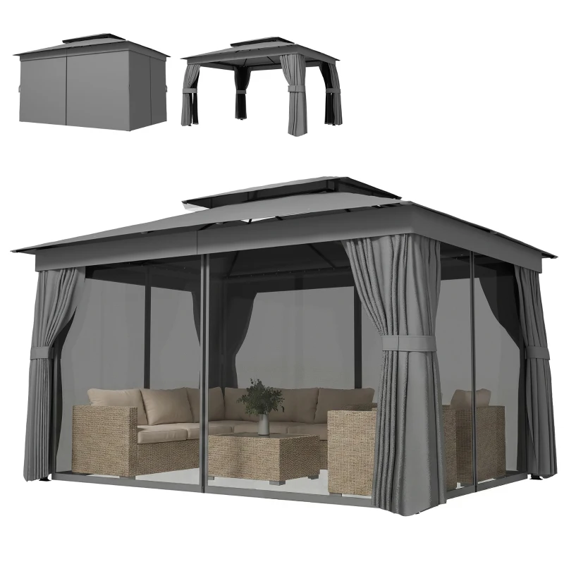 Outsunny 10' x 12.5' Outdoor Gazebo with Curtains and Netting, Double Roof Metal Patio Gazebo Canopy Shelter with Hook, Dark Grey