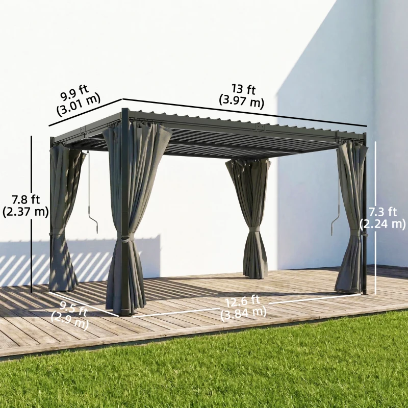 Outsunny 10 x 13 ft Louvered Pergola with Steel Roof, Curtains, Outdoor Metal Pergola Gazebo with Drainage Gutters, Grey