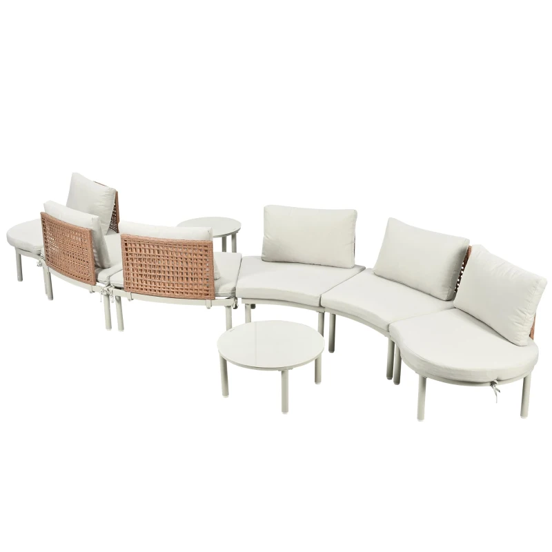 8-Piece Half Moon Patio Sectional with 2 Coffee Table & Cushion, PE Wicker Rattan Sofa Set for Poolside, 34.5'' L x 25.5'' W x 12.5'' H, Beige