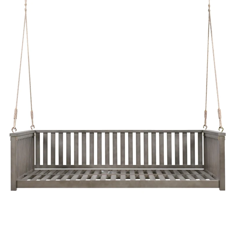 Minimalist Swing Bed with Safe Sloped Design for Backyard, Wooden Porch Swing with High Weight Capacity, 79" L x 41.5" W x 21" H, Gray