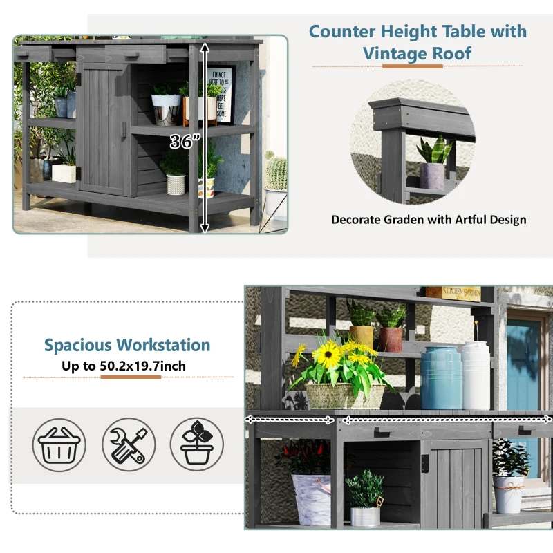 Outdoor Potting Bench with 2 Drawers, Cabinet & Open Shelf, Farmhouse Garden Workstation for Backyard, 50'' L x 19.5'' W x 66'' H, Gray
