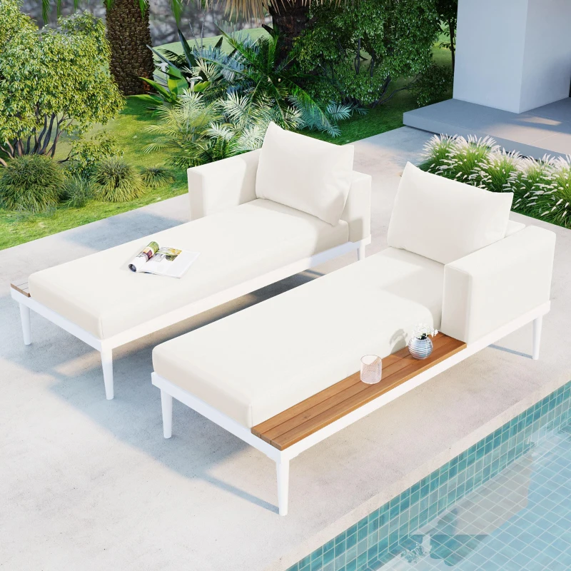 2 In 1 Outdoor Daybed with Wood Side Table for Patio, Convertible Padded Chaise Lounge with Adjustable Leg, 59" L x 55" W x 21" H, Beige