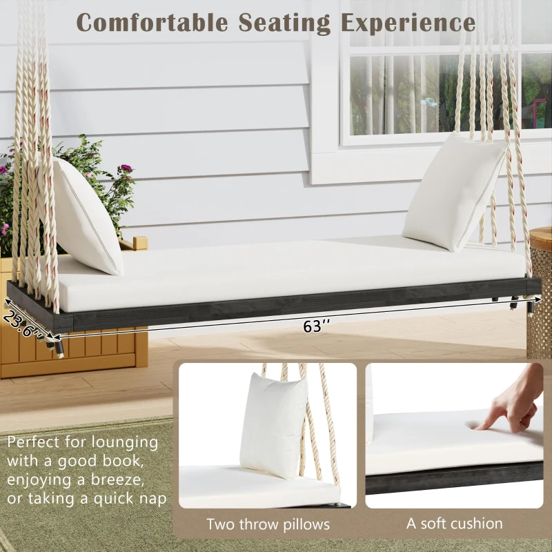 Acacia Wood Porch Swing with 10.8FT Hemp Rope for Adults, Durable Hanging Swing Bench with Cushion, 63" L x 23.5" W x 2" H, Brown