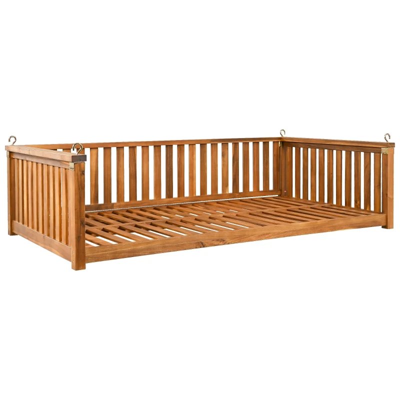 Minimalist Twin Swing Bed with Ropes for Patio & Backyard, Wood Porch Swing with Safe Sloped Design, 79" L x 41.5" W x 21" H, Teak