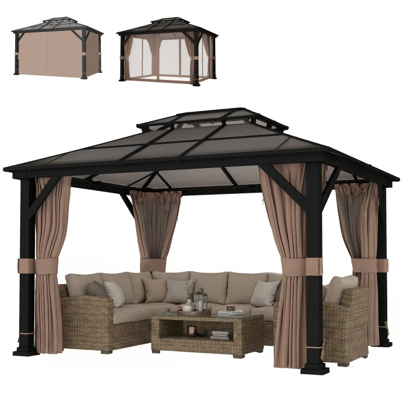Outsunny 10' x 12' Hardtop Gazebo Canopy with Double PC Roof, Steel Permanent Outdoor Gazebo with Curtains and Netting, Khaki