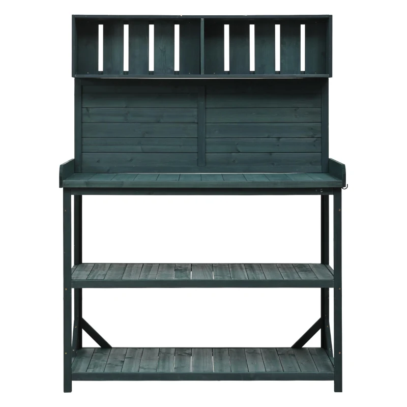 Outdoor Potting Bench with 4 Shelf & Side Hook for Patio, Farmhouse Garden Workstation with Large Tabletop, 47'' L x 19.5'' W x 65'' H, Green
