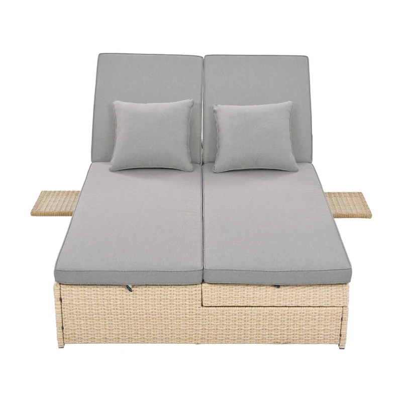 Outdoor Patio Sunbed with Adjustable Backrest & Side Tray, Wicker Rattan Lounger with Thick Cushion, 47" L x 29.5" W x 15" H, Brown