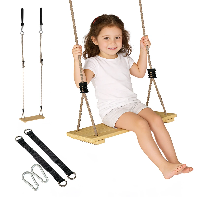 Qaba Wooden Swing Seat for Backyard Adjustable Rope Outdoor Playground Playset for Kids with Tree Straps Carabiners
