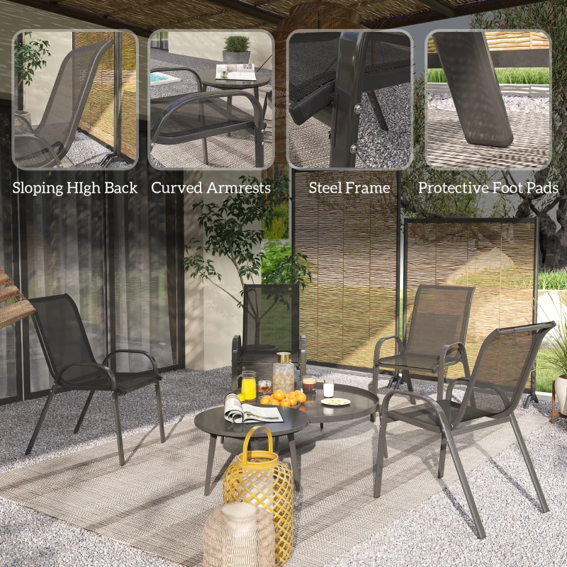 Outsunny Set of 4 Outdoor Dining Chairs, Stackable Lawn Chairs with High Back, Breathable Mesh Seat for Garden Porch, Black