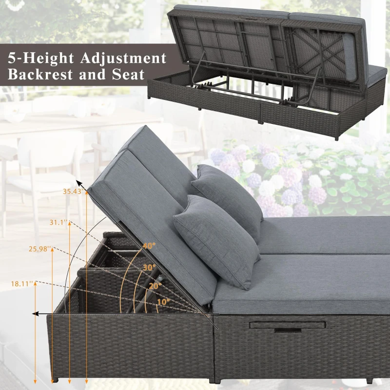 Outdoor Patio Sunbed with Adjustable Backrest & Side Tray, Wicker Rattan Lounger with Thick Cushion, 47" L x 29.5" W x 15" H, Gray