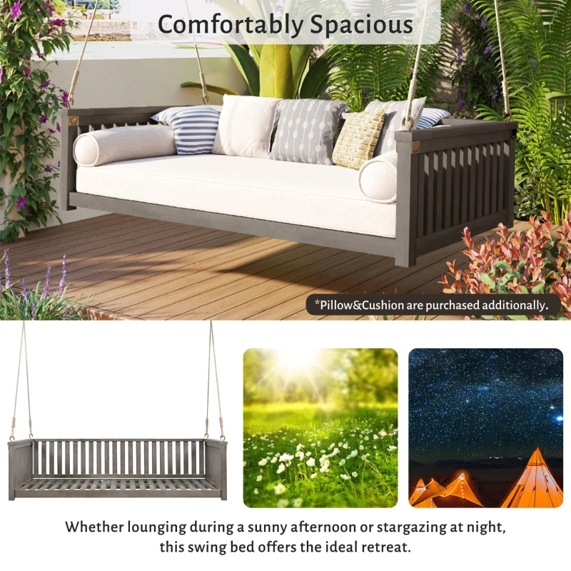 Minimalist Swing Bed with Safe Sloped Design for Backyard, Wooden Porch Swing with High Weight Capacity, 79" L x 41.5" W x 21" H, Gray