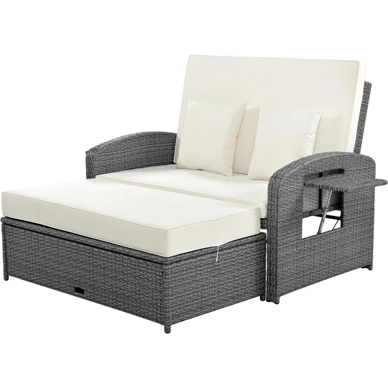 Stylish Double Chaise Lounge with Adjustable Back, 2-Person Rattan Daybed with Thick Cushion, 53.5" L x 43" W x 21.5" H, White