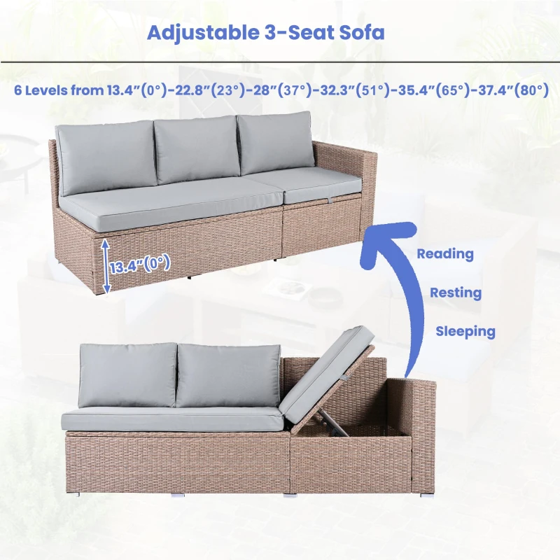 6-Piece Patio Rattan Set with Adjustable Lounger & Storage Box, All-Weather Wicker Furniture for Garden, 75.5" L x 27.5" W x 28.5" H, Natural