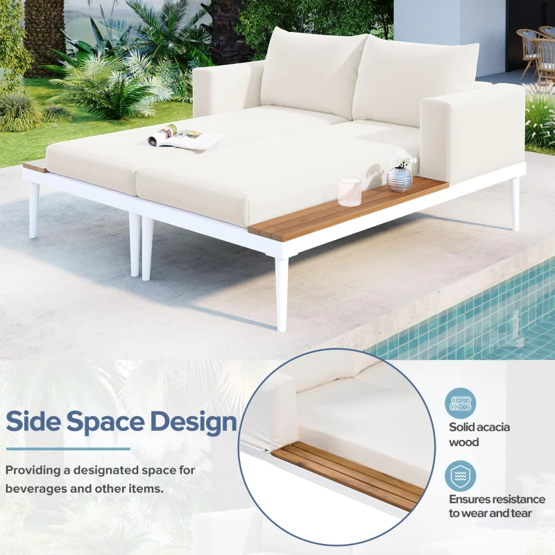 2 In 1 Outdoor Daybed with Wood Side Table for Patio, Convertible Padded Chaise Lounge with Adjustable Leg, 59" L x 55" W x 21" H, Beige