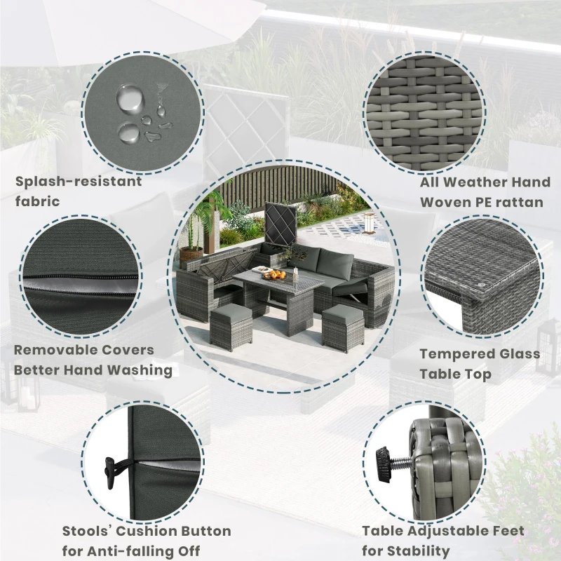 6-Piece Patio Rattan Set with Adjustable Lounger & Storage Box, All-Weather Wicker Furniture for Garden, 75.5" L x 27.5" W x 28.5" H, Grey