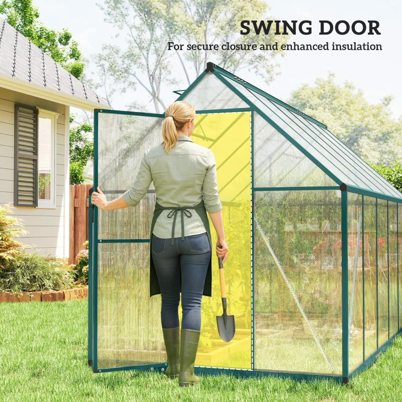Outsunny Polycarbonate Greenhouse with Swing Door and Two Adjustable Roof Vents, Aluminum Walk-in Greenhouse, 11x6 ft, Dark Green