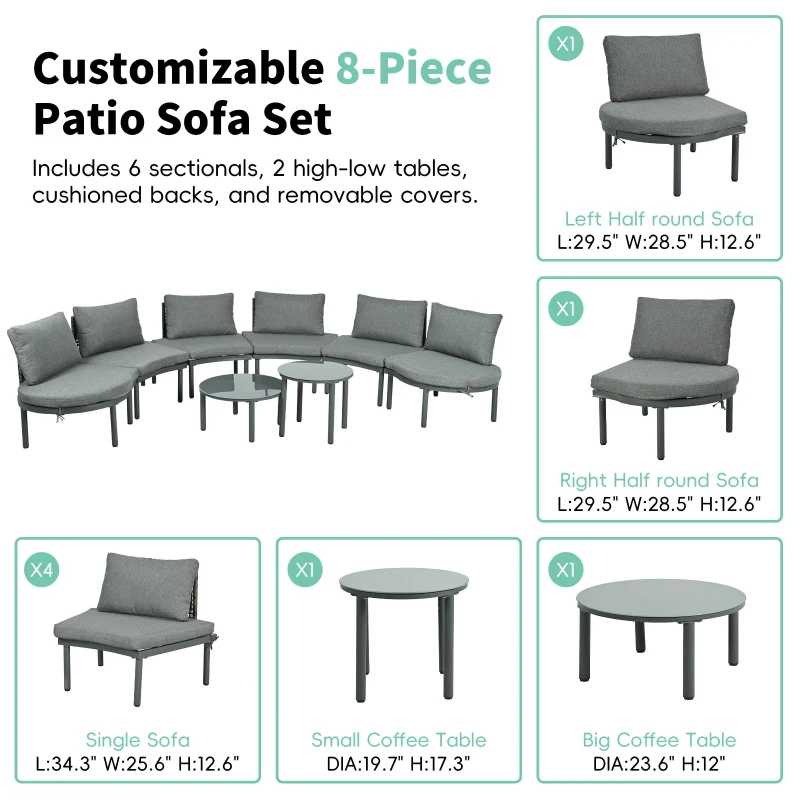 8-Piece Half Moon Sectional Sofa with 2 Coffee Table & Cushion, PE Wicker Patio Furniture for Backyard, 34.5'' L x 25.5'' W x 12.5'' H, Gray