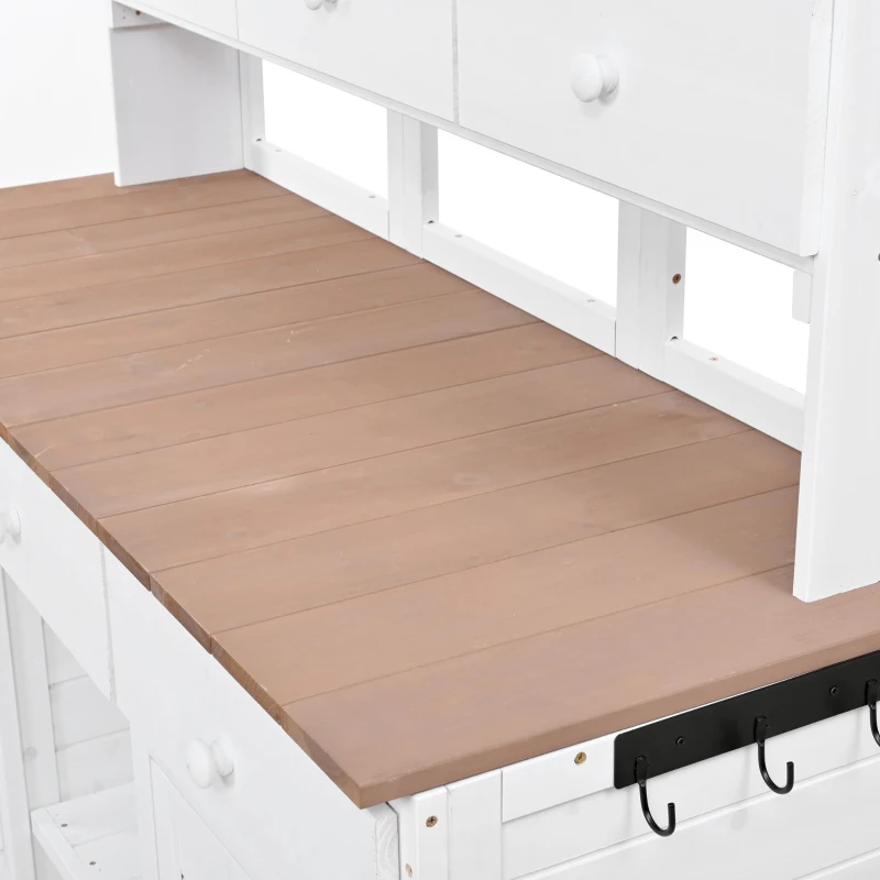 Garden Potting Bench with Hutch, 6 Drawer & 2 Cabinet, Tall Wood Workstation with 3 Shelf & Side Hooks, 50'' L x 20.5'' W x 65.5'' H, White