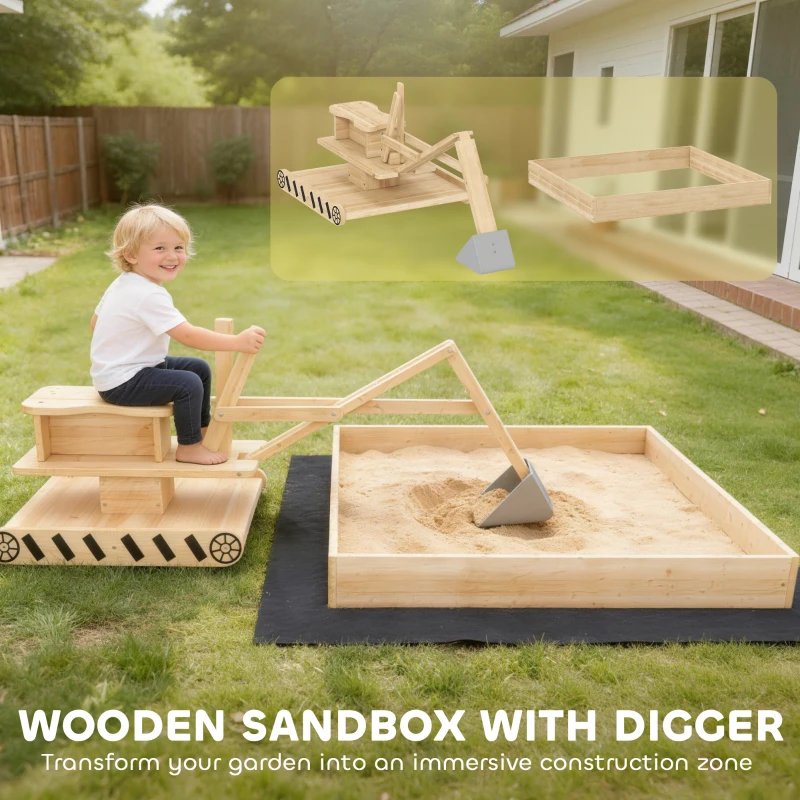 Qaba Wooden Sandbox with Digger, Kids Sandbox with 360° Rotating Seat & Bottom Liner, 72" x 35" x 22"