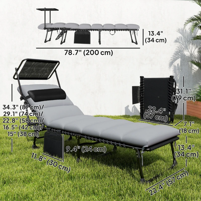 Outsunny Lounge Chair Outdoor, Folding Chaise Lounge with 5-Level Adjustable Back, Cushion, Side Pocket and Headrest