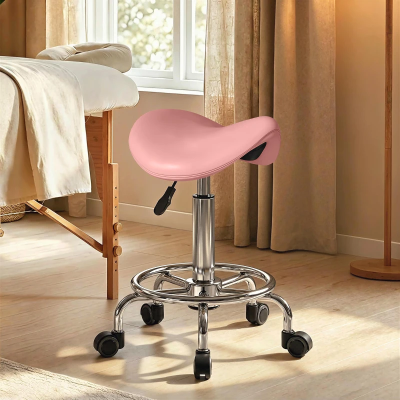 HOMCOM Saddle Stool, PU Leather Adjustable Rolling Salon Chair, Pink