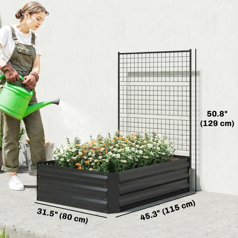 Outsunny Galvanized Raised Garden Bed with Trellis for Climbing Plants, Outdoor Planter Box with Open Bottom, Black