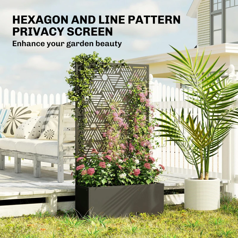 Outsunny Metal Planter Box with Trellis, 44.5" Tall Raised Garden Bed with Privacy Screen, Hexagon and Line Cut-Out
