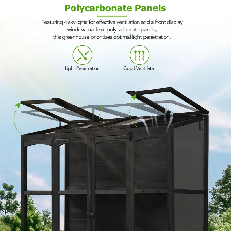Walk-In Wooden Greenhouse with 2 Folding Shelf & 4 Skylight, Sturdy Fir Wood Cold Frame for Backyard, 58'' L x 29'' W x 78'' H, Black