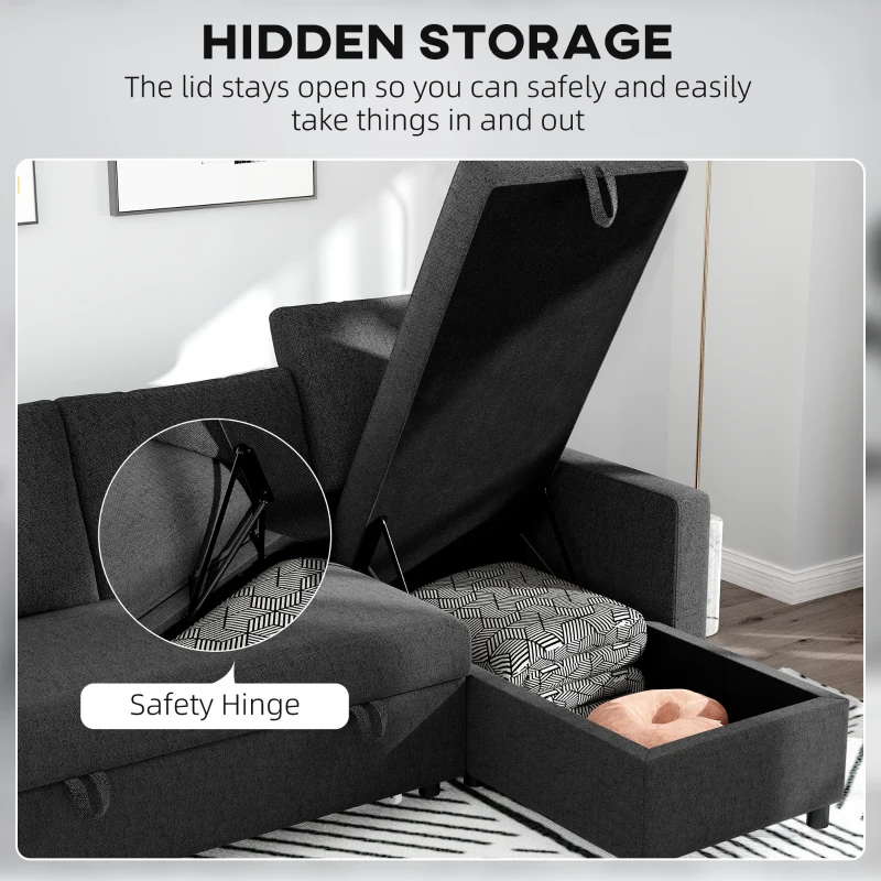 HOMCOM Convertible Corner Sofa Bed, Built-In Storage & 3 Removable Back Cushions, Black