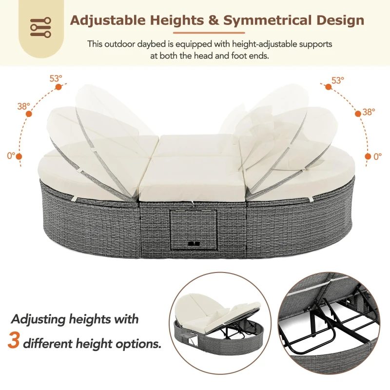 2-Person Patio Daybed with Adjustable Backrest & Cup Tray, Wicker Chaise Lounge with Thick Cushion, 78.5'' L x 55.5'' W x 16.5'' H, Beige