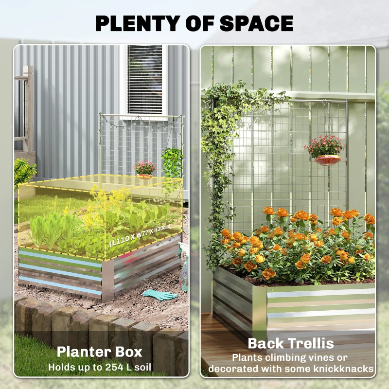 Outsunny Galvanized Raised Garden Bed with Trellis for Climbing Plants, Outdoor Planter Box with Open Bottom, Silver