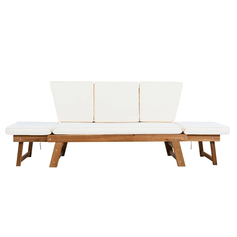Expandable Acacia Wood Daybed with Cushions, Adjustable Patio Chaise Lounge for Compact Space, 78.5" L x 21.5" W x 32" H, Natural+Beige