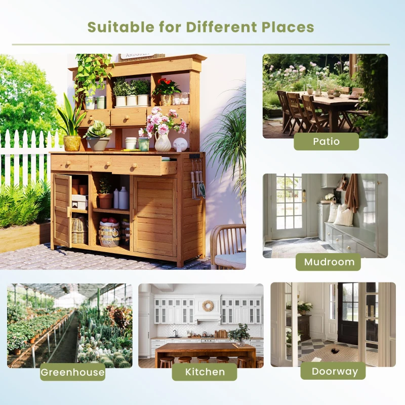 Tall Potting Bench with 3 Shelves, 6 Drawers, Hutch and Cabinet, Wood Garden Workstation for Patio, 50'' L x 20.5'' W x 65.5'' H, Natural