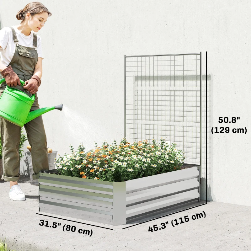 Outsunny Galvanized Raised Garden Bed with Trellis for Climbing Plants, Outdoor Planter Box with Open Bottom, Silver