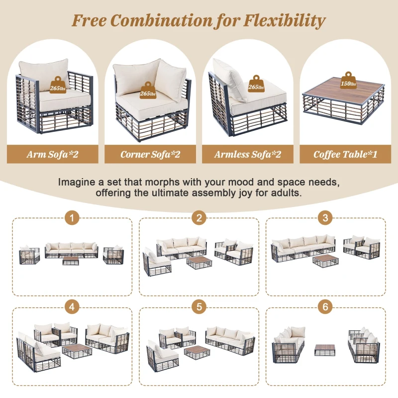 All-Weather Patio Sectional with Cushions & Coffee Table, Metal Furniture with Modular Design for Garden, 25" L x 25" W x 24" H, Dark grey