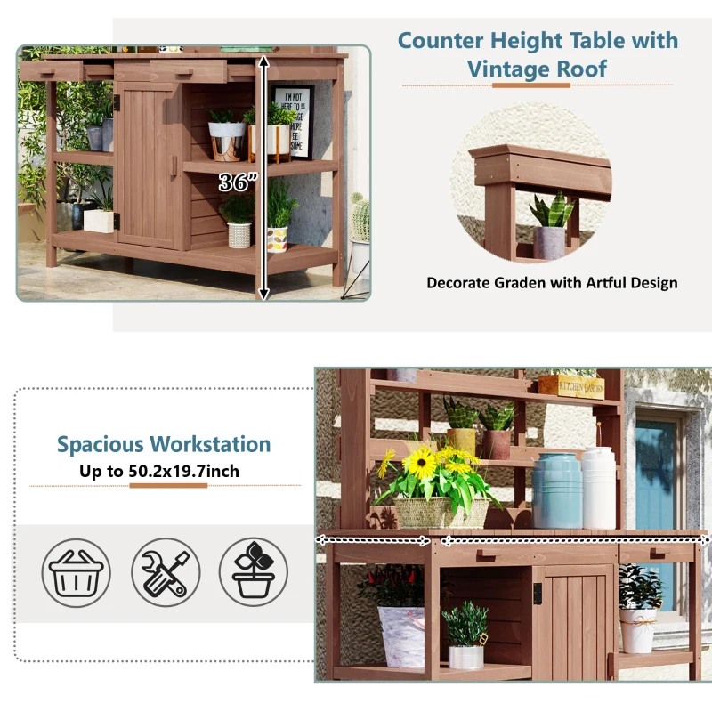 Farmhouse Wooden Potting Bench with 2 Drawer & Cabinet, Outdoor Garden Workstation with Storage Shelf, 50'' L x 20'' W x 66'' H, Brown