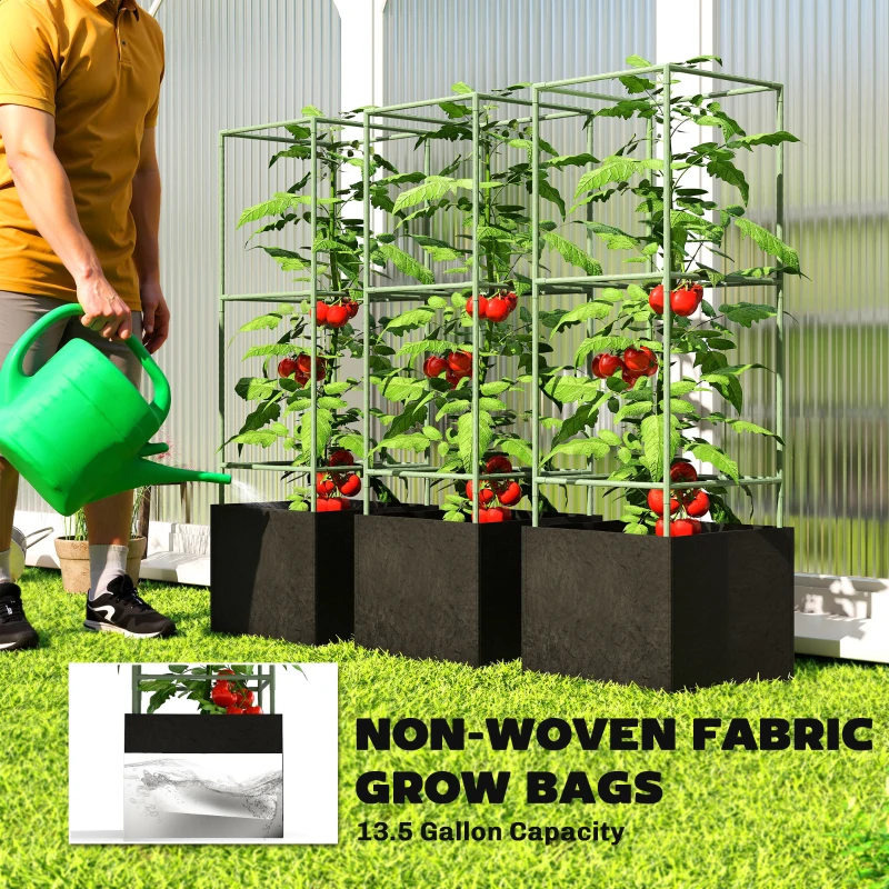 Outsunny 3 Packs Tomato Cages with 13.5 Gallon Grow Bags, Adjustable Square Plant Support Trellis
