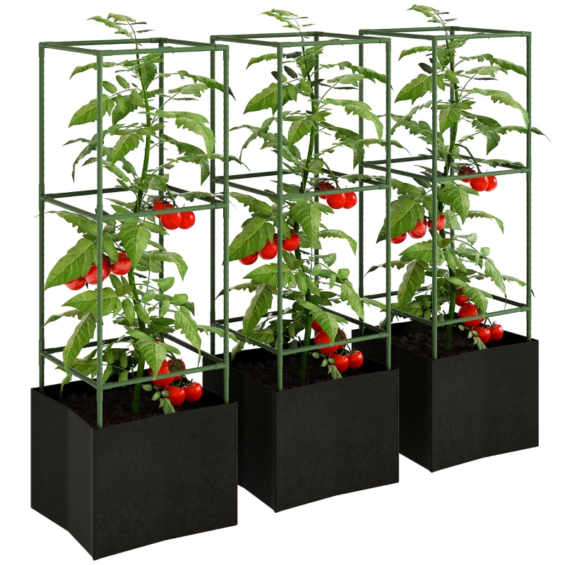 Outsunny 3 Packs Tomato Cages with 13.5 Gallon Grow Bags, Adjustable Square Plant Support Trellis