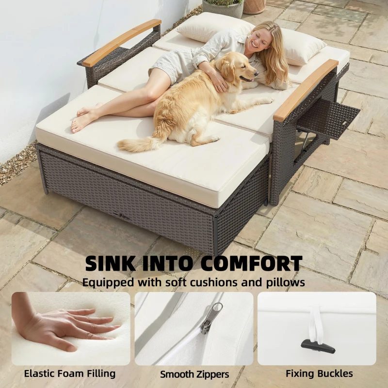 Outsunny Rattan Outdoor Daybed w/4-Level Adjustable Backrest, Patio Sofa Bed w/Storage Ottoman, Acacia Wood Armrest, Beige