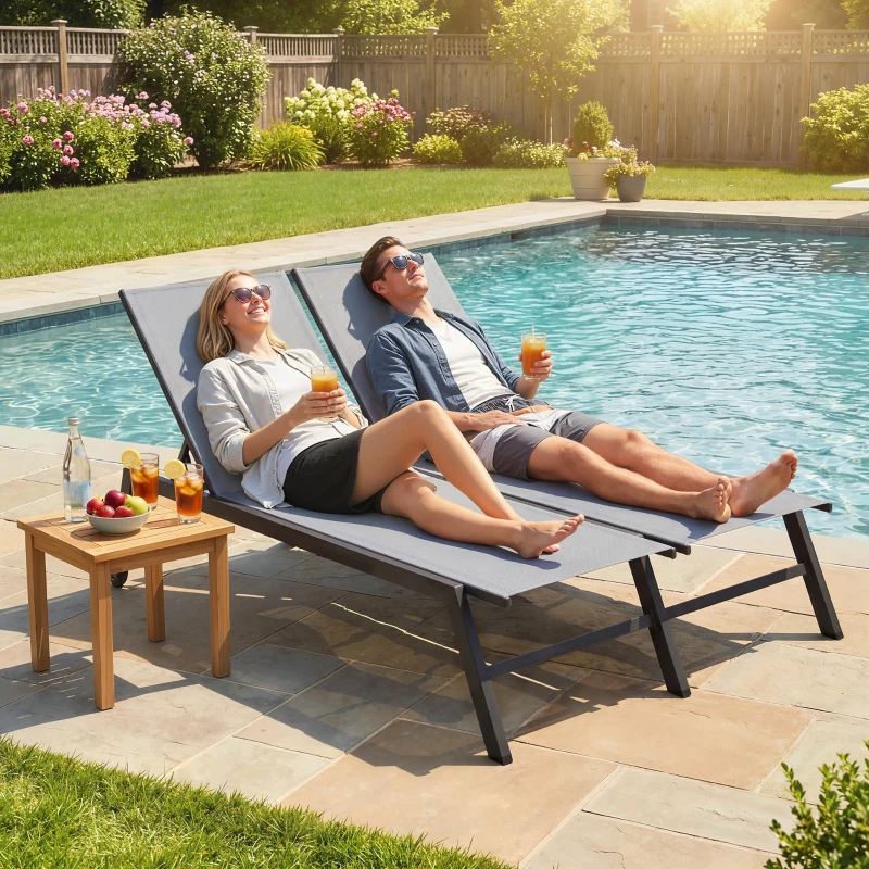 Outsunny Chaise Lounge Chair for 2 Person, Outdoor Lounge Chair with 5-Position Adjustable and Wheels