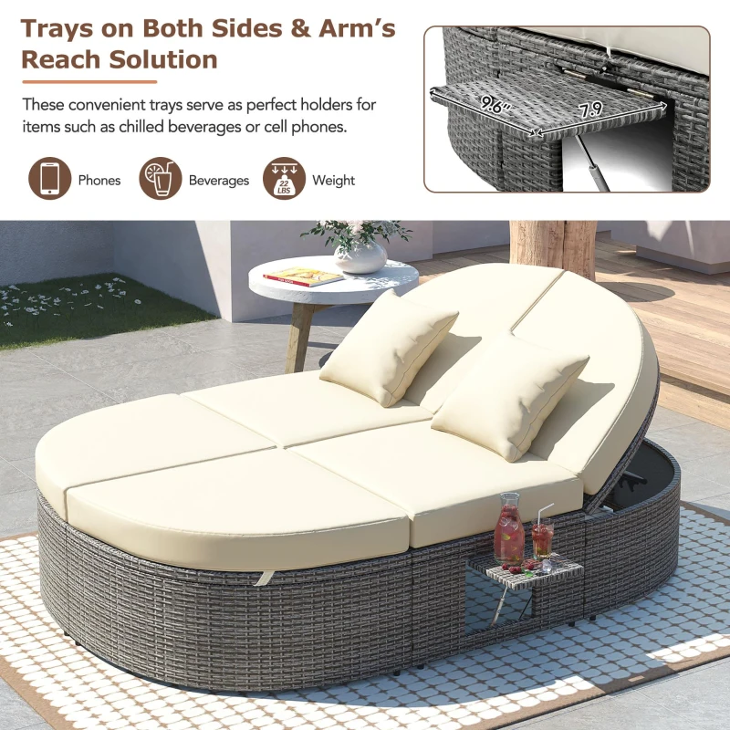 2-Person Patio Daybed with Adjustable Backrest & Cup Tray, Wicker Chaise Lounge with Thick Cushion, 78.5'' L x 55.5'' W x 16.5'' H, Beige